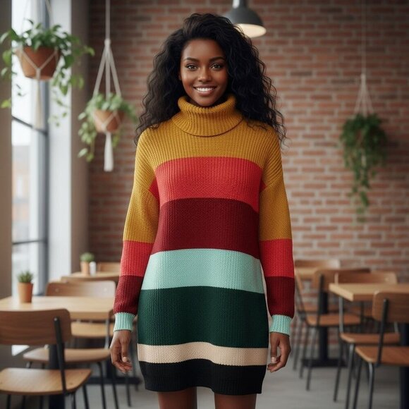 Farm Rio For Anthropologie Multicolor Striped Turtleneck Sweater Dress Small - Picture 3 of 7